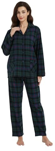 kolipajam Dampyjamasset i 100 % bomull flanell för kvinnor, garn, färgat mysigt, långärmad, vinterpyjamas för kvinnor, mörkblå pläd, M