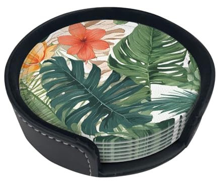 Coasters Sets of 6 with Holder Pu Leather Bar Drink Coasters for Coffee Table Home Decor, New Apartment Essentials for Men Women Housewarming Gifts - Tropical Summer Hawaiian Flower Palm Leaves