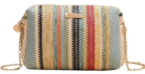wangfq Korbtaschen Damen Rattan Stricken Frauen Stroh Tasche Strand Sommer Kette Kleine Geldbörse und Handtasche Weibliche Schulter Umhängetaschen Reise Design Flap Bag Basttaschen Damen Sommer(Blue)