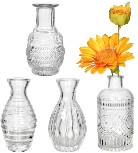 Juego de jarrones decorativos de cristal, 4 piezas para decoración de mesa de boda, mini jarrón vintage de mesa, jarrones pequeños para confirmación y decoración de mesa, botellas vintage, jarrón de