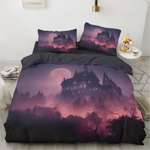 YASMENG Housse de Couette Halloween 220x240 Château Lune Lila Halloween Parure de Lit Gothique Microfibre Linge de Lit Enfants Adolescents Cadeau avec Fermeture Éclair et Taies d'oreiller 65x65 cm