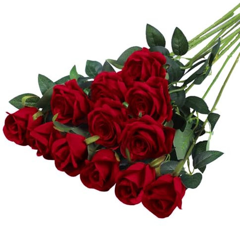 12 Pcs Rose Finte in Seta Artificiale Bouquet Fiori Finti di Rosa con Steli Lunghi Fiori artificiali Fiori Artificiali Rose Finte Fiori artificiali， per Decorazioni per la Casa di Nozze(grande rosso)