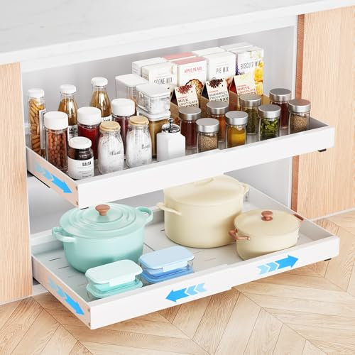 HUMTEOXI Teleskopschublade 1 Pack, Ausziehbare Schubladen-Aufbewahrungsregale für Küchenschränke, Kein Bohren Und Nageln (Weiß)