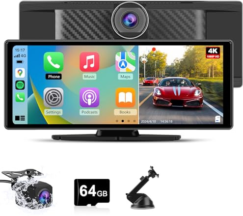 Hexinex 4K CarPlay Schermo con Auto 10.26 Pollici Wireless CarPlay Android Auto con Dash Cam + Telecamera per la retromarcia 1080P + Scheda Micro SD da 64 GB