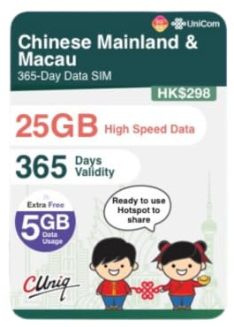 China & Macau Förbetalda data årligt SIM-kort (25 GB, 365 dagar) 5G/4G höghastighet redo att använda SIM | Redo att användas för affärsresor | Hotspot-delning | GuangZhou ShangHai Peking ShenZhen