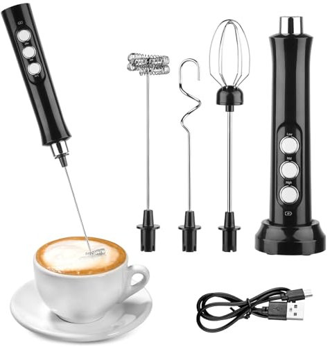 NVIYAM Espumador de Leche, Espumador Leche Electrico - USB Recargable, Mini Batidora Portátil, Espuma Electrico con 3 Batidores de Acero Inoxidable, 3 Velocidades para café, Matcha, capuchino