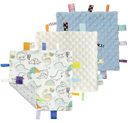 CREVENT Tag Security Blankets for Babies, Soft Small Loveys for Girls, Baby Comforter Sensory Blanket, Great Gifts for Birthday Baby Shower 24X24cm (Dinosaur+Blue+Ivory)