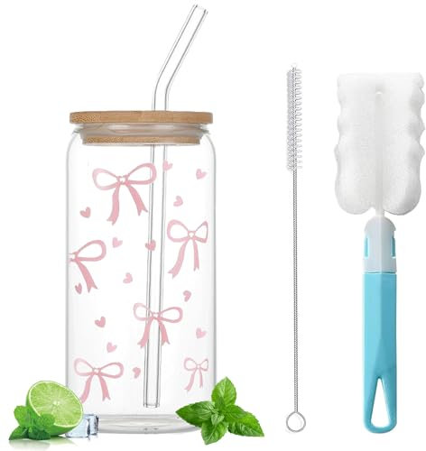 HIQE-FL Tazza in Vetro,16 oz Tazze in Vetro a Forma di Lattina,Tazza da Caffè Ghiacciata,Bicchieri da Caffè Ghiacciato,Bicchiere da Birra,per Soda,Smoothie,Bubble Tea,Cocktail