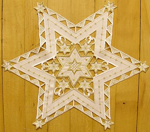 matches21 HOME & HOBBY Tischdeckchen Selina 40 cm Ecru Lochstickerei Silber Stern-Form Mitteldecke Weihnachten Polyester
