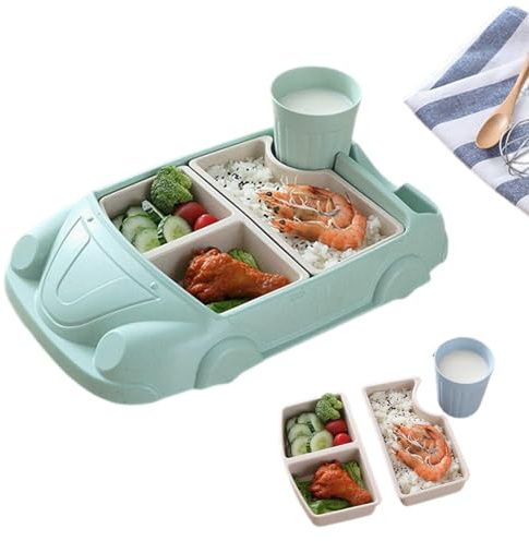 Plate Sets for Car Shaped Tableware Set for Kitchen and Dining Table Car Dinner Tray Fiber Plastic Boys and Girls with Separate Plates Cutlery Water Cup (Light Green)