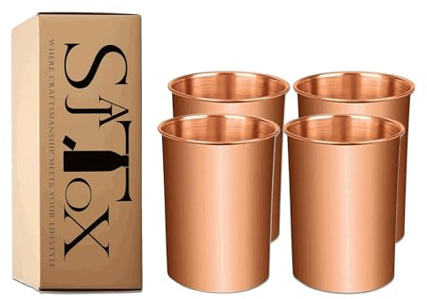 SAJTOX Pure Copper Tumblers for Drinking – Ayurvedic Health Pure Copper Cups – 4 pcs. set – 312 ml (11 fl oz)