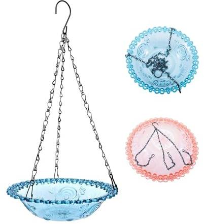 Hanging Bird Baths & Feeders for Outdoors, Bird Water Bowl and Seed Trays Set Feeders for Outside, Garden, Patio Lawn Yard Decor Blue & Pink (2)