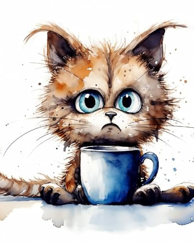 WANMIU Peinture par Numéro Adultes Tasse de café bleue avec un chat triste Pinceaux et Acryliques Bricolage Peintures Kits pour Enfants Seniors Débutant, pour la Décoration Intérieure Maison