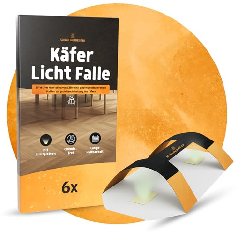 Käfer Licht Falle – 6er Set – Photolumineszierende Lockfallen für Käfer – Chemiefrei & Geruchlos – Mit Lichtplatten für effektives Monitoring – Brotkäfer Falle – Auch bei Speckkäfer