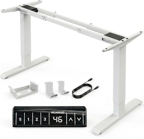 HUANUO Höhenverstellbarer Schreibtisch Gestell mit 2 Motoren, Weiß | Schreibtisch Höhenverstellbar, 4-Speicher-Smartpanel, mehrteilige Platte, robust und standsicher.