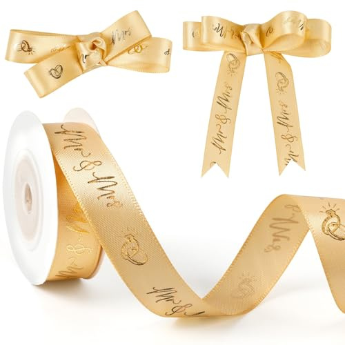 AUGSHY Schleifenband Hochzeit, Geschenkband Hochzeit Gold Dekoband 15 mm x 6 m Breit Satinband Mr Mrs Seidenband für Valentinstag Geschenkverpackung