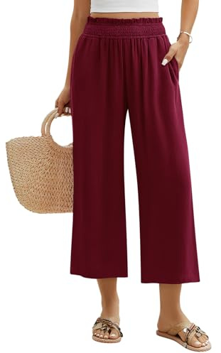 PASUDA Pantalon Fluide Femme Été Coton Lin Pantacourt Décontractée 7/8 Pantalons Taille Elastique Solide Couleur Léger Casual Yoga Plage Longueur Pants avec Poches (Rouge Violacé, XL)
