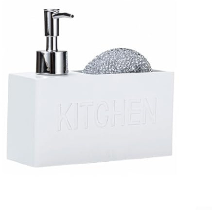 Dispenser di sapone in resina a pompa manuale con porta spugna per l'organizzazione del bagno e della cucina, 280 ml, bianco