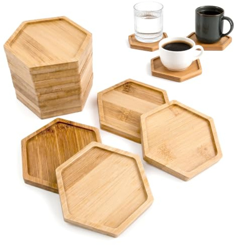 Novocloud 12 Pack Bamboo Coasters Hexagonal Wooden Coasters Bamboo Mosaic Coasters Versatile Blank Base Trays for Crafts DIY Mosaic Supplies, Glasses Coaster, Drinking Cups Coaster, Plants Coaster