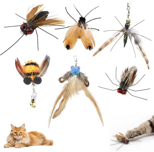 6 Piezas Repuestos de Juguetes para Gatos, Cabezales de Insectos para Caña de Gato Interactivo, Recambios de Mosca, Polilla, Abeja, Pez y Escarabajo, Accesorios para Gatitos, Multicolor
