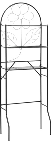 Runheo Étagère WC noire avec cadre en acier 60 x 33 x 174 cm, 3 compartiments, design floral, étagère de salle de bain debout pour toilettes et machine à laver, peu encombrant, avec support mural pour