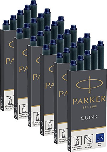 PARKER 6x 1950384 Quink Nachfüllpatronen für Füllfederhalter, lange Patronen, 6x 5er Packung, blaue tinte (= 30 Patronen)