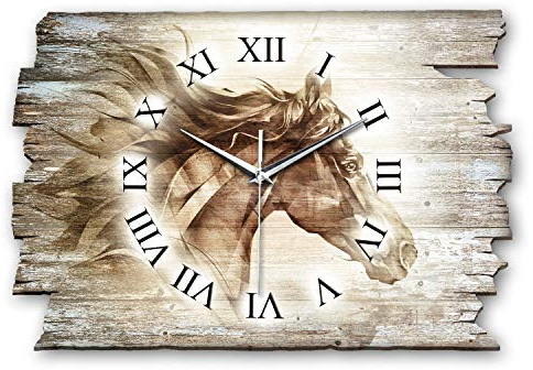 Kreative Feder Designer Wanduhr „Pferd“ aus Holz 40x27cm im Shabby Style Design - Designeruhr mit flüsterleisem Uhrwerk ohne Ticken (Pferd, leises Quarzuhrwerk)