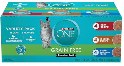 Purina ONE Grain Free, Natural Pate Wet Cat Food Variety Pack, Beef, Chicken and Ocean Whitefish Recipes - (2 Packs of 12) 3 oz. Pull-Top Cans