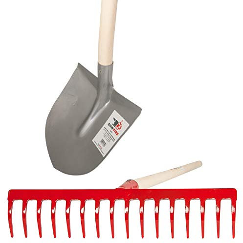 SHW-FIRE 16-Zinken Rechen und Frankfurter Schaufel mit Espe/Eschenholz Stielen 150/130cm lang