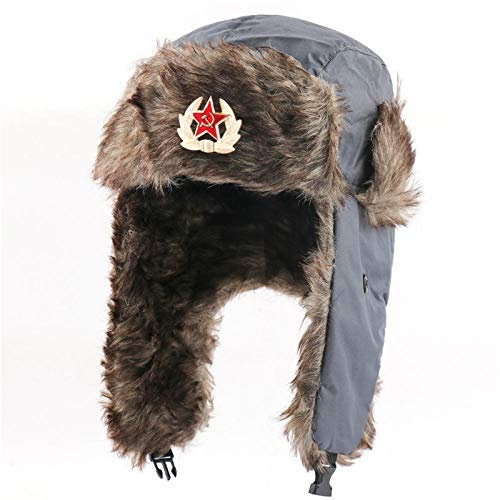 Russen Mütze Herren wasserdichte Snow Ski Caps Frauen Männer Abzeichen Bomber Hut Thermal Earflap Cap Russland Pilot Trapper Hat-Grey_Soviet_Badge