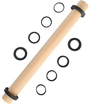 SUPER KITCHEN Rodillos de Amasar en Madera de Haya con 5 Discos Ajustables Anillo, Rodillo de Cocina, Accesorio para Hornear Pizza, Pasta, Galletas, Pastelería, Fondant (45cm)