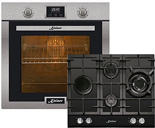 Kaiser EH 6323 + KCG 6394 Four encastrable en acier inoxydable Four électrique 79L autonettoyant avec 10 multifonctions + cuisinière encastrable de 60 cm en verre noir Gaz naturel Fl.Gas