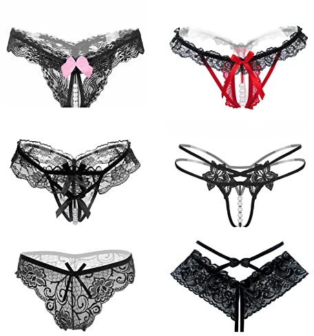 Lsexyier 6er Packs Damen Spitze Tanga Bowknot Sexy G-String, String Ouvert Damen mit Perlen Blumen Loch Set Frauen Frau