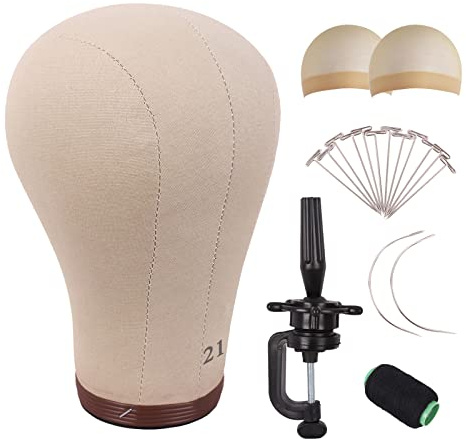 MapofBeauty 21 Zoll Perücke Kopf Cork Leinwand Block Kopf für Making Perücke Mannequin Kopf Mit Stand Kopf Pins (Braun)