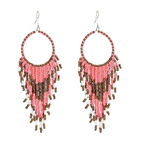 Boho-Ohrringe mit langen Fransen, baumelnde Statement-Ohrringe für Frauen und Mädchen, Hademade Kugelperlen, Quastenkette, gewebter baumelnder Haken, Kronleuchter, Tribal, übertriebener