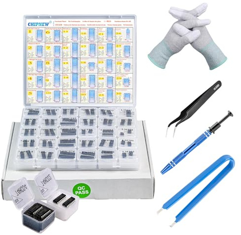 CHIPNEW 34-in-1 IC CHIP Assortment Kit: Logic Gates 74HCXX+CD40XX, 555Timer, LM358-Verstärker, Transistoren & mehr! mit gepolstertem Organizer & ESD-Schutzausrüstung ，2 neue ICS-Grabber hinzugefügt