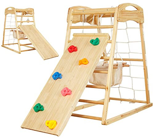 FUNLIO 7-in-1 Holz Klettergerüst Indoor für Kinder von 2-5 Jahren, Montessori Kletterdreieck aus massivem Kiefernholz, Schaukel/Rutsche/Kletterfelsen/Netz/Leiter/Affenstangen/Gymnastikringen