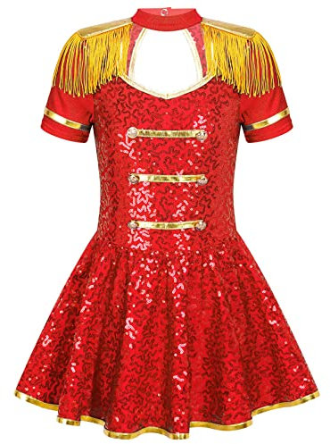 dPois Costume Majeurtte de Bande Fille Enfant Robe Danse Paillettes Brillantes Halloween Déguisement Monsieur Loyal Cirque Ringmaster Carnaval Noël 5-16 Ans Rouge 7-8 Ans