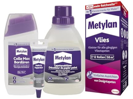 Metylan Vlies, Tapetenkleister (1x360g) & Metylan Bordüren Klebstoff (1x250g) & Metylan Naht- und Reparaturkleber (1x60g) & Metylan Tapetenablöser Aktiv-Konzentrat (1x0,5l)