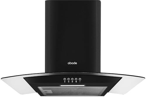 Abode Chimney Cooker Hood 60cm Curved Glass Black Extractor Hood & Recirculation with 1x Carbon Filters, Wall Mounted Range Hood Extractor Fan, 3 Speed Settings, AGCH6031B (Black)