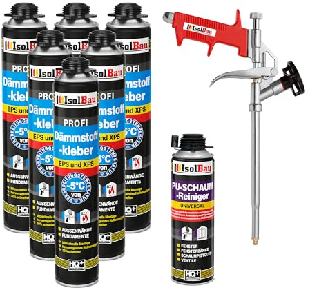 Isolbau B2 Dämmstoffkleber SET - 6 x 750 ml Perimeterkleber, 1 x PU-Schaum-Reiniger & 1x Schaumpistole für EPS & XPS-Platten - 1K PU-Klebeschaum für Dämmung und Isolieren