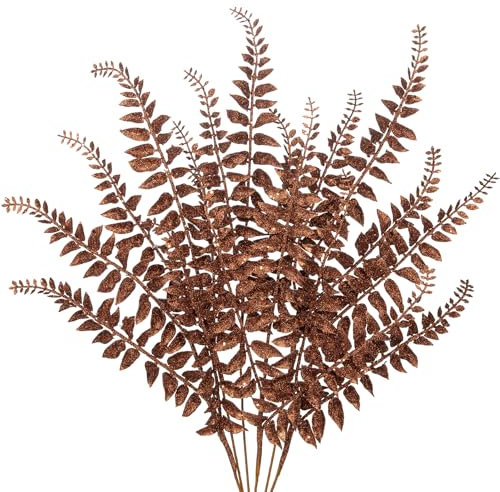 6PCS Christmas Glitter Leaves 63cm Artificial Boston Fern Bronze Glitter Leaf Floral Picks Christmas Tree Decorations Artificial Leaves Stem for Xmas Tree Ornaments New Year Flower Arrangment