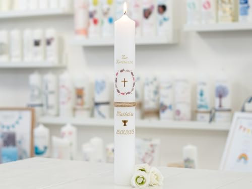 meinkerzenshop Kommunionkerze Mathilde personalisiert mit Name und Datum, individuell und mit Echtwachs handverziert für Junge und Mädchen