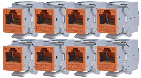 KOSCOM CONNECT 8x Keystone Modul CAT6A in orange | STP RJ45 Einbaubuche | für Leerdose & Patchpanel | vollgeschirmt I bis zu 10 Gbit/s & 500 MHz | werkzeugfreie Snap-In Montage | AWG 22-25