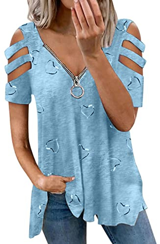 HOOUDO Frauen Lässige Herzdruck V-Ausschnitt Reißverschluss Kurze Ärmel Riemen Kalte Schulter Hemdbluse Lose Tunika Top Grüne Bluse Damen Elegant