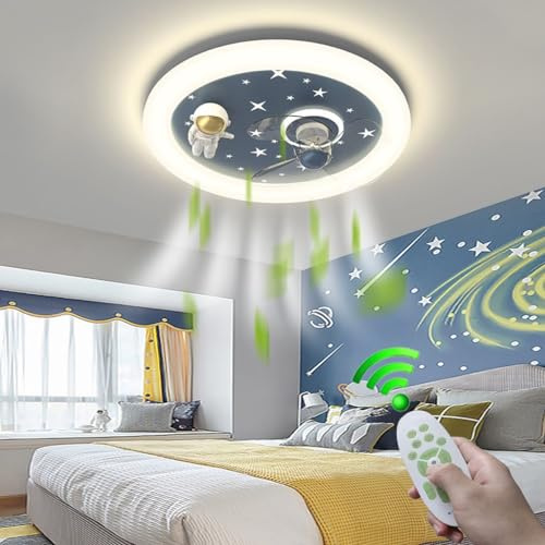 LYSDjia Ventilador de techo con iluminación LED de dibujos animados astronauta diseño lámpara de techo con ventilador control remoto silencioso 6 velocidades temporizador regulable dormitorio sala com