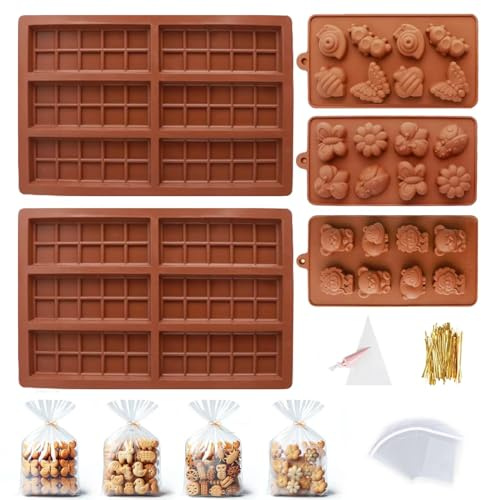 Antiadherentes Molde para Barra de Chocolate, 5 Reutilizable Molde de Silicona para Hornear, Molde para Caramelo de Mariposa Leon Oso Hipopótamo con Mangas Pasteleras Lazos Giratorios Bolsas de Dulces
