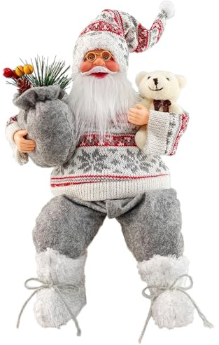 CutitiUU 35CM Christmas Grey Plaid Father Christmas Sitting Ornament,Traditional Christmas Decorations Indoor,Traditional Santa Claus Figure,Holiday Home Ornament Decoration,Sitting Father Christmas