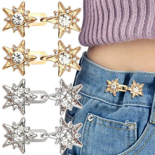 4 Sets Strasssteine Stern Knöpfe,Kristall Sterne Hosenbund Enger Machen Buttons Pentagramm Hose Enger Machen Clip Hosen Pins Jeansknöpfe Star Hosen Enger Machen Clip Button Für Kleidungs Accessoires