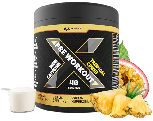 Premium, Complete High Caffeine Pre Workout Powder Drink with L-Citrulline & S7® | Tropical Crush Flavour | Makes 40 Drinks (400g) | Magna X